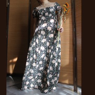 仲夏 真丝双绉印花钉珠复古高腰帝政裙连衣裙长裙礼服裙 夏季特价