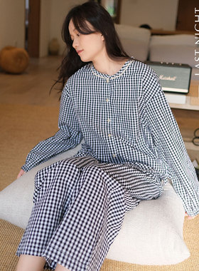 LNParty 秋季新款黑白格纯棉长袖睡衣睡裤套装日系透气家居服女