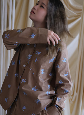 LNParty秋季甜美蝴蝶结棉纱睡衣套装女长袖圆领2024新款家居服