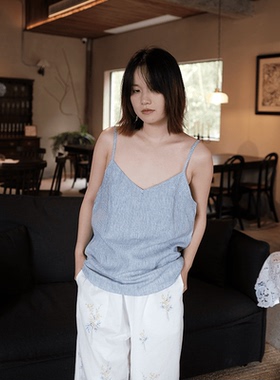 LNParty 纯亚麻蓝色条纹背心吊带女夏季短款外穿宽松棉麻上衣夏