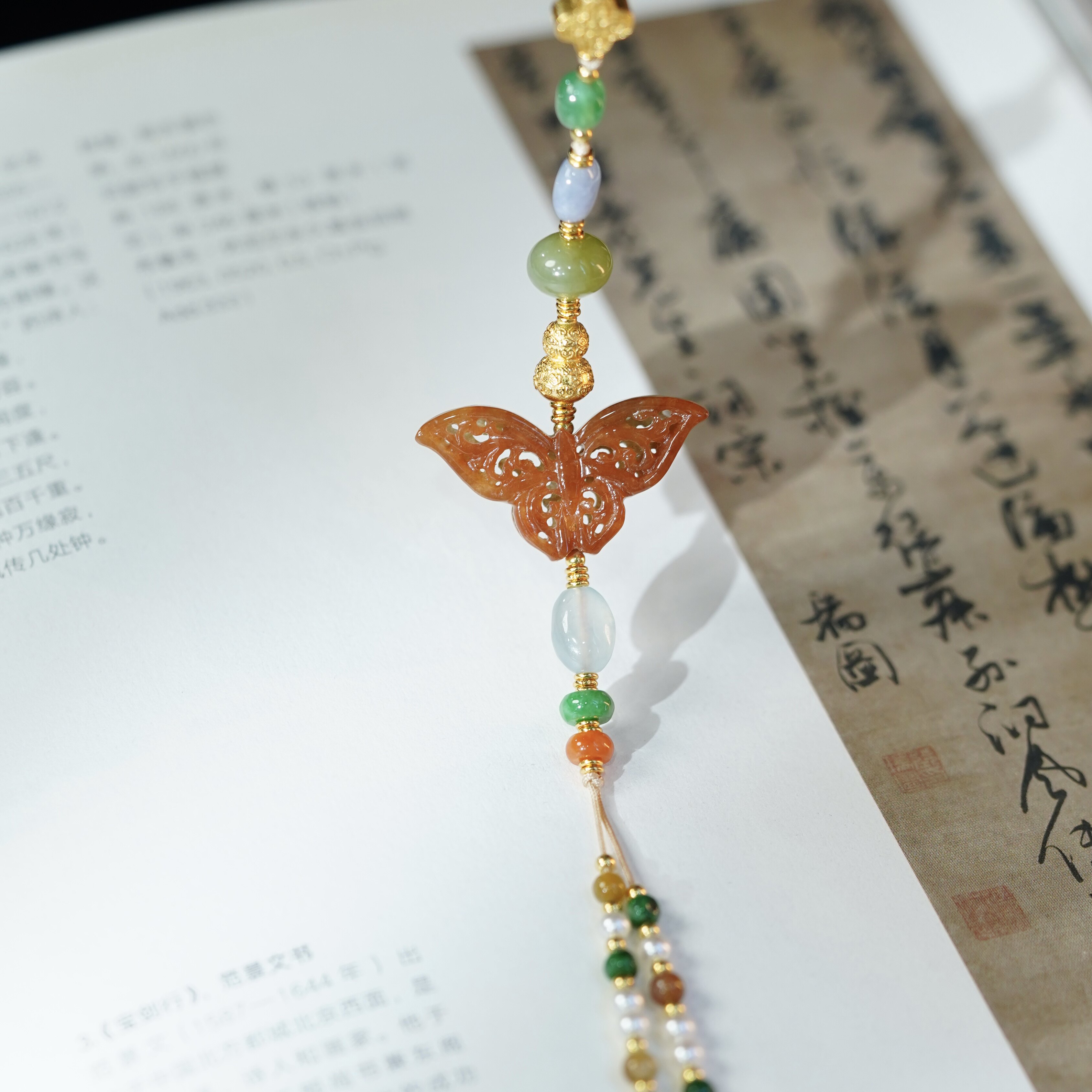 华笛 天然翡翠新中式红翡蝴蝶手机链压襟车挂多用款挂件 缅料A货