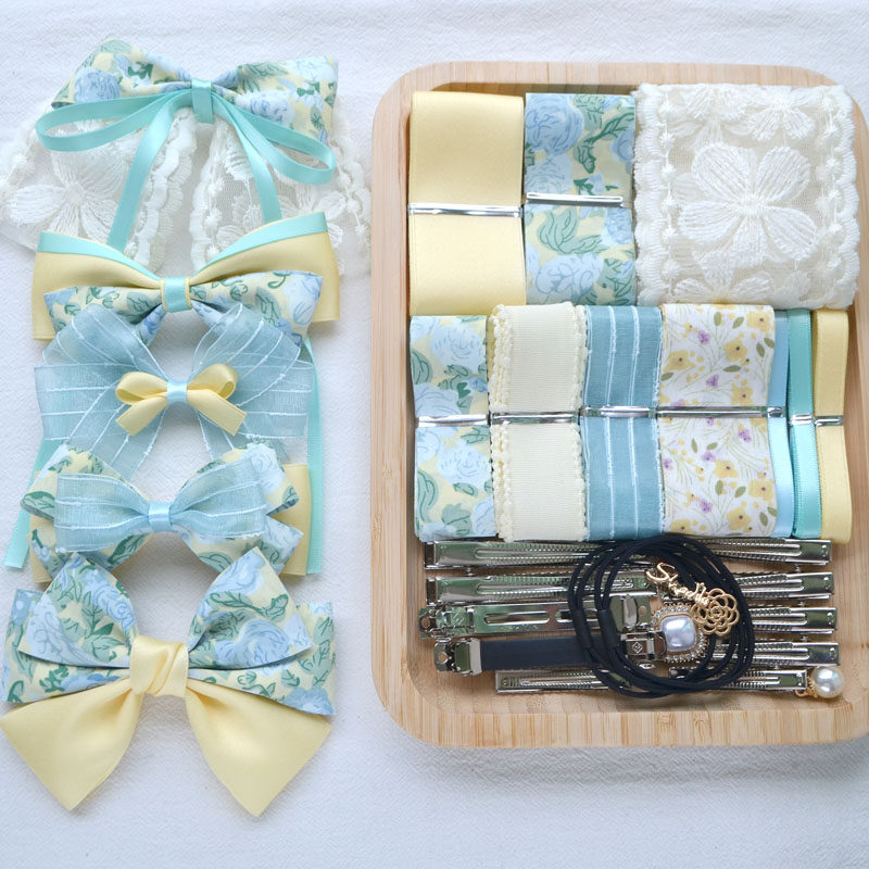 清新黄蓝配花朵丝带发夹套餐 新手发饰头饰diy饰品配件自制蝴蝶结