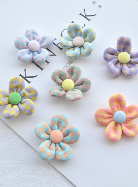 新款布艺格子加扣花朵 手工发饰头饰DIY饰品配件儿童发夹发绳材料