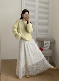 新款 温柔复古气质蕾丝网纱拼接蛋糕裙高腰显瘦半身裙A字裙 法式