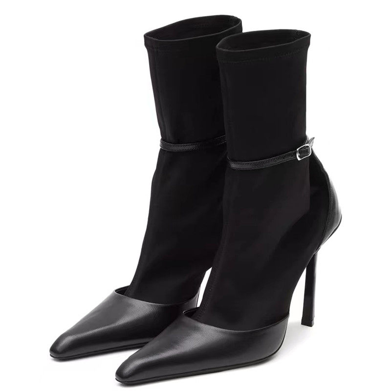 2023 NEW SUPER HIGH HEEL STRETCH BOOTIE PARIS SKINNY LEG BOOTS LEATHER BUCKLE STRAP SKINNY BOOTS STILETTO HEEL SLEEVE FALL WINTER BOOTS