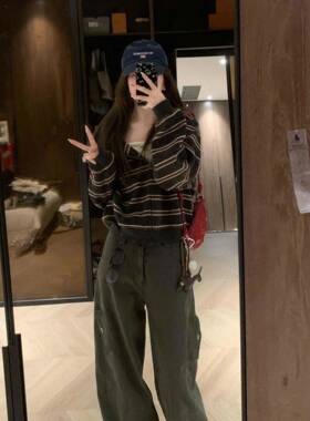 Dais宽y Bom冬b 休慵懒随性条纹ZKW连帽松闲卫衣外套女秋长袖上衣