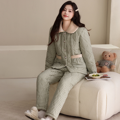 睡衣女士冬季三层加厚加绒梭织夹棉秋冬珊瑚绒冬款棉袄超厚家居服