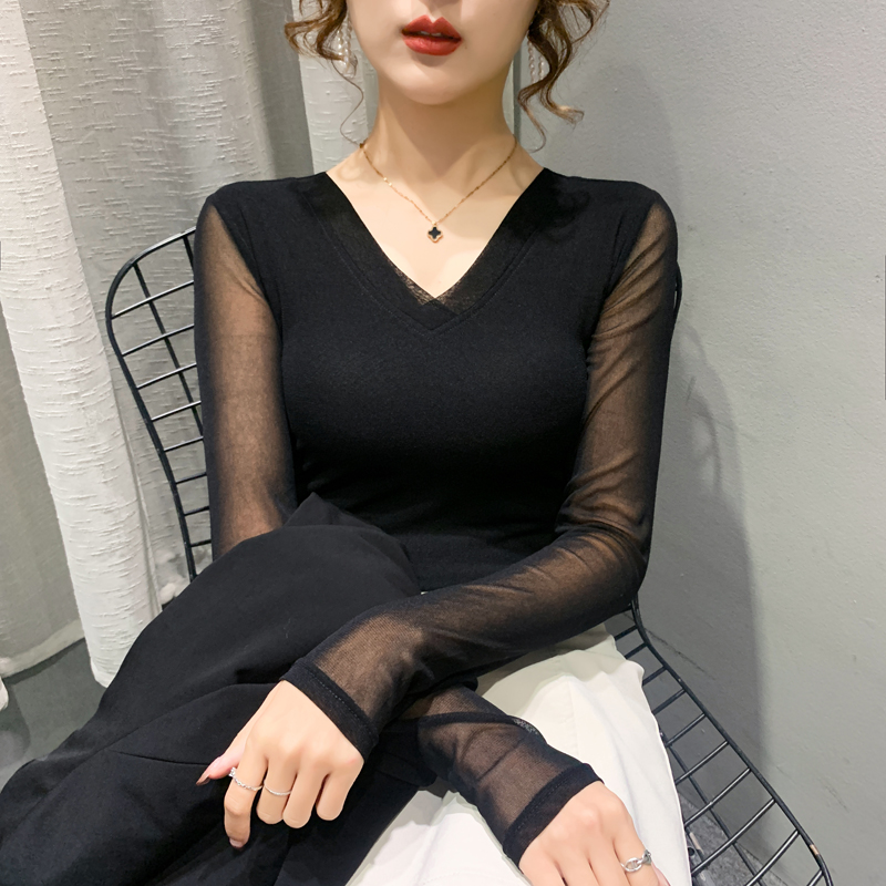 2023春秋新款纯色内搭V领网纱打底衫女长袖修身显瘦百搭外穿上衣