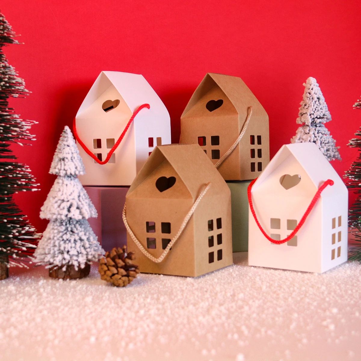 5/10pcs Christmas Paper White Gift Boxes House Shape Candy B