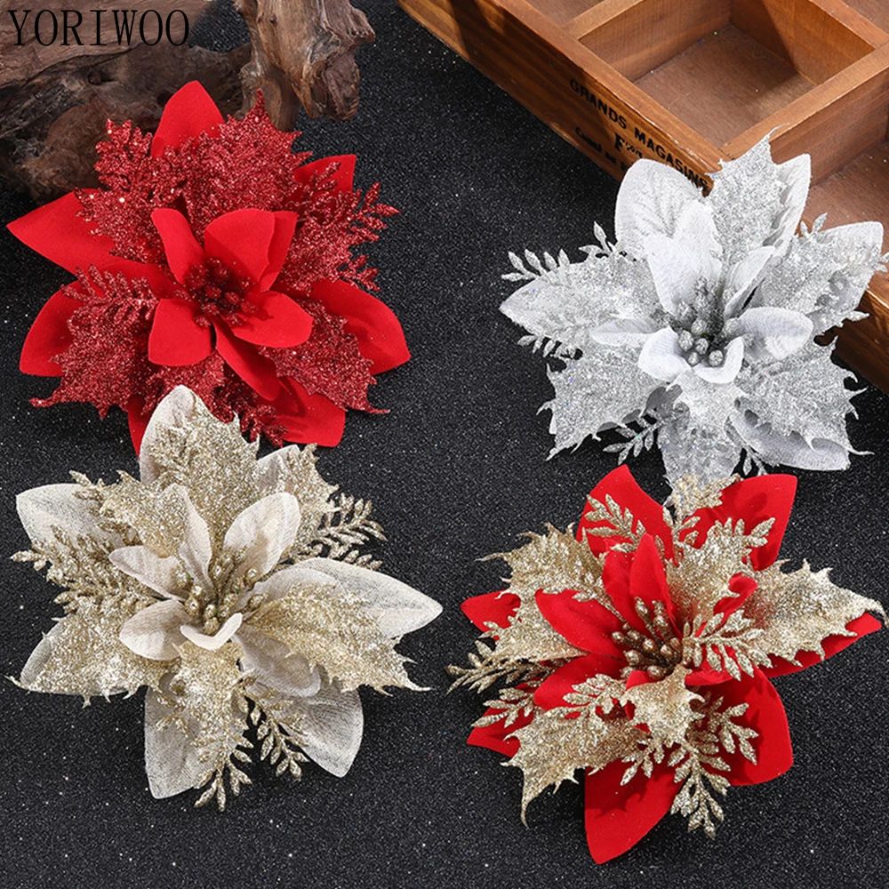 5/10pcs Artificial Christmas Flowers Glitter Fake Flower Hea