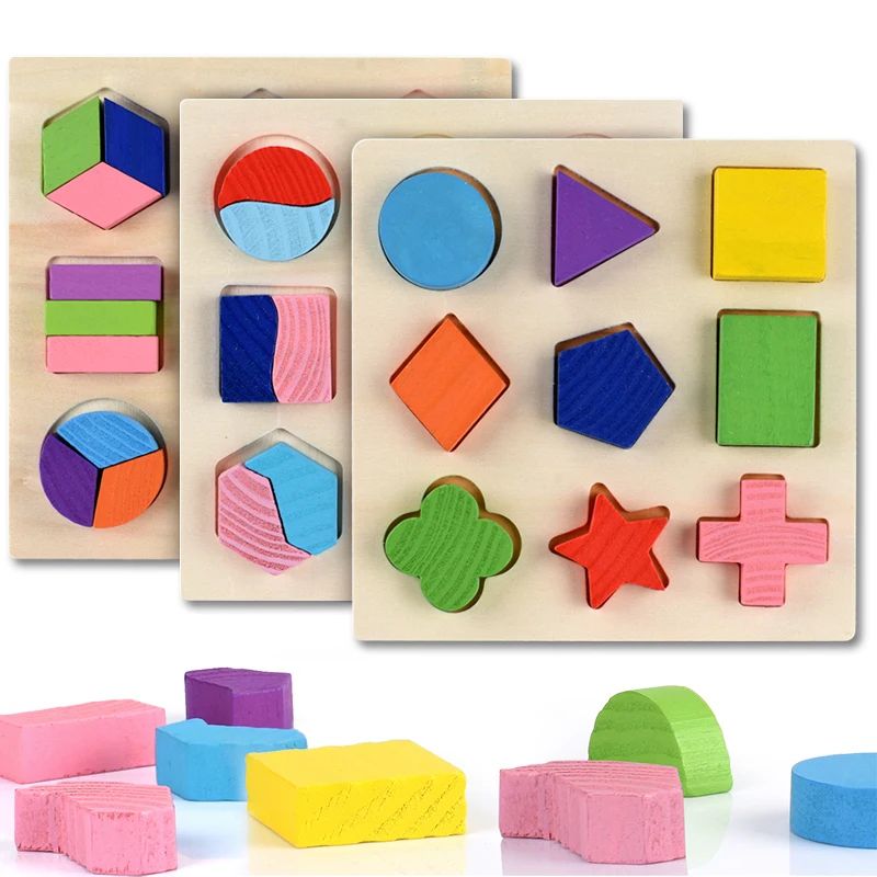 Wooden Geometric Shapes Montessori Puzzle Sorting Math Brick