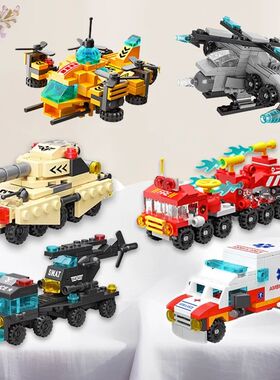 6IN1 Police Truck Engineering Crane City Fire Car Tank Helic