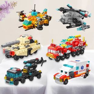 6IN1 Police Truck Engineering Crane City Fire Car Tank Helic