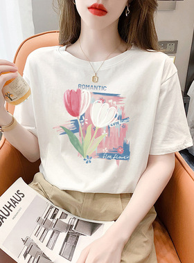 不透女装T恤女短袖夏季2024新款宽松学生韩版纯棉印花t恤半袖上衣