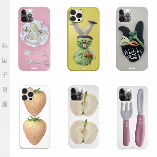 inimini韩国代购ins风苹果草莓圆边菲林壳简约粉刀叉手机壳可爱风
