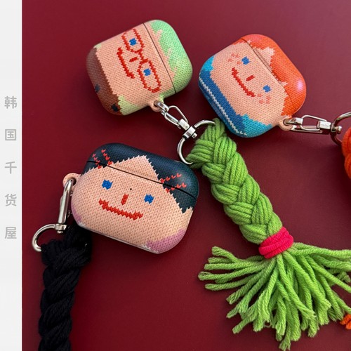 delphin韩国代购可爱娃娃脸蛋针织图案airpods pro3代耳机壳硬壳airpods4代保护套卡通辫子挂件