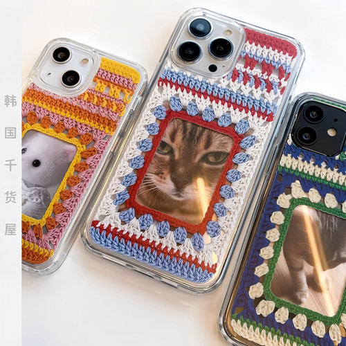 delphin韩国代购复古ins风撞色针织图案可放照片透明全包手机壳