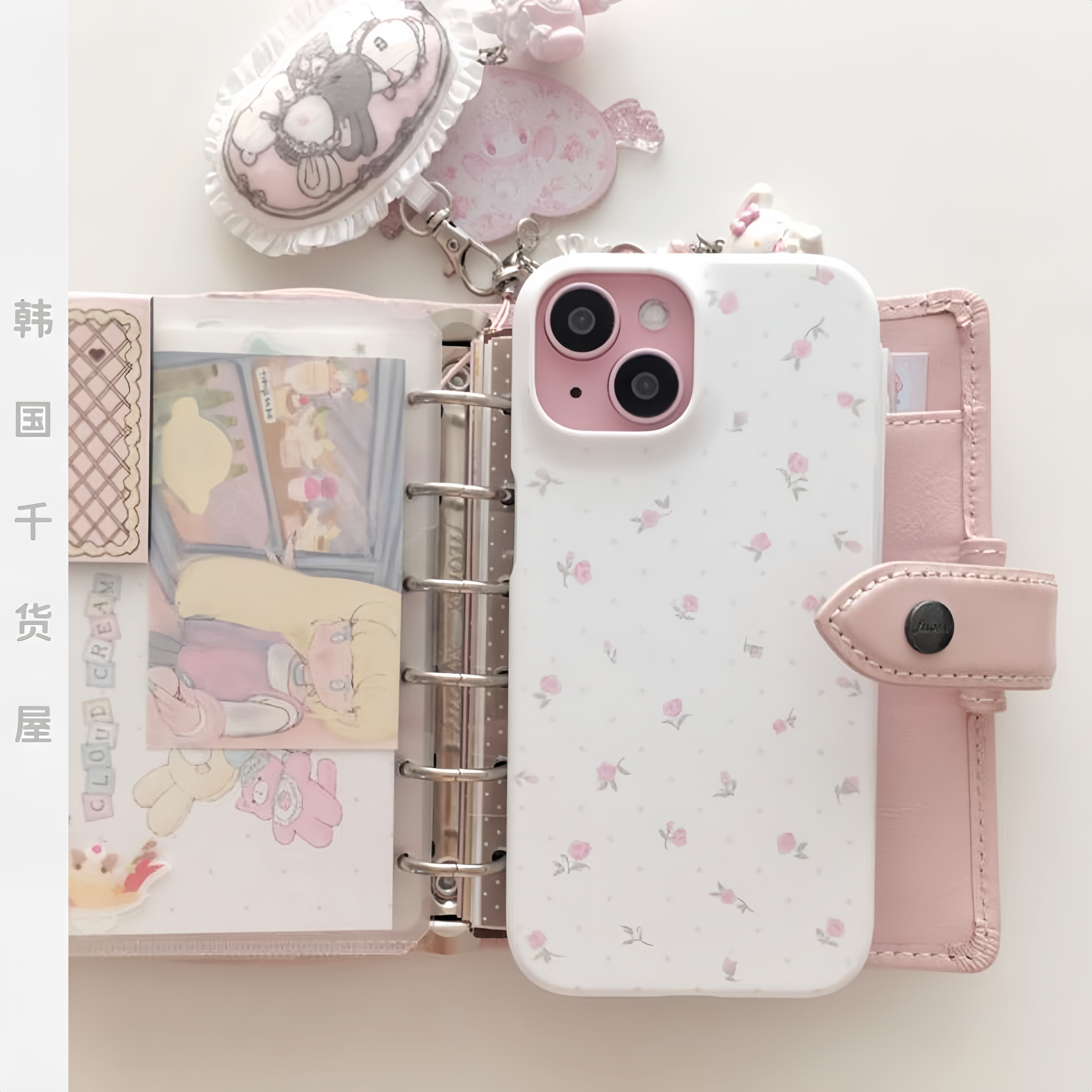 mis2littleboutique韩国代购粉色碎花波点插卡手机壳磁吸菲林壳