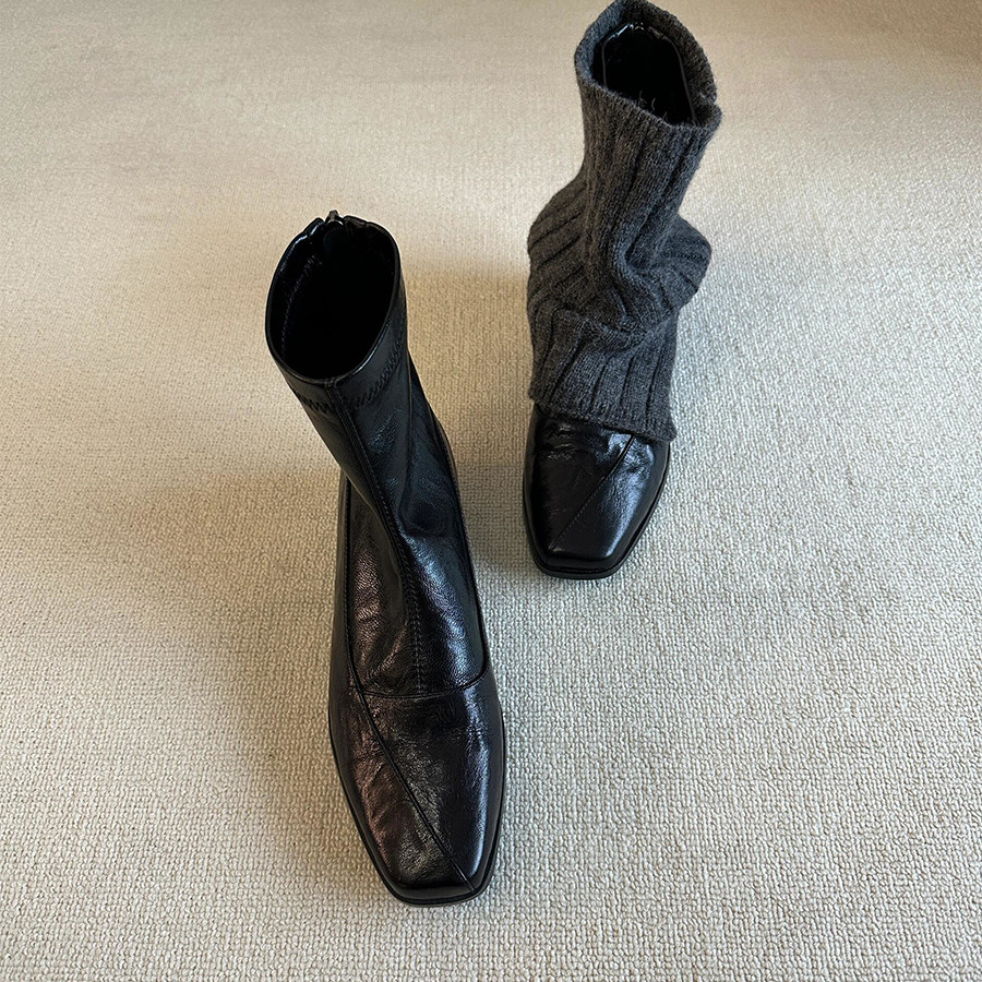 自留款~复古弹力瘦瘦靴女方头后拉链显瘦气质通勤短靴粗跟小裸靴,女鞋,弹力靴/袜靴,淘宝优惠券,粉丝福利购,淘宝优惠卷