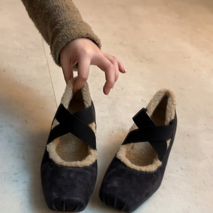 自留款~法式绒面交叉带方头加绒单鞋女内增高气质芭蕾风玛丽珍鞋