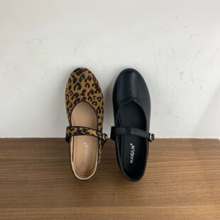 平底豹纹绒面单鞋女鞋子2026春夏季配裙子芭蕾舞玛丽珍黑色通勤鞋