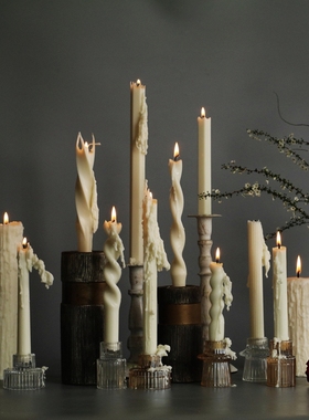 ins法式手工枝型长杆蜡烛乳白色天然植物大豆蜡装饰民宿摆件无味