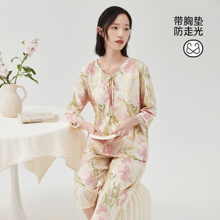 带胸垫一体式 短袖 顶瓜瓜睡衣女款 纯棉春夏季 七分裤 印花家居服套装