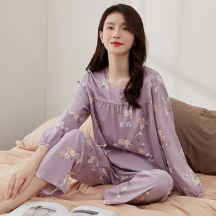 可外穿家居服套装 薄款 女士 印花妈妈长袖 顶瓜瓜睡衣女纯棉秋季