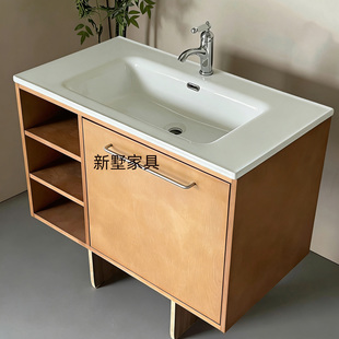 简约现代原木风海洋板卫生间陶瓷一体盆可定制浴室柜子洗手台组合