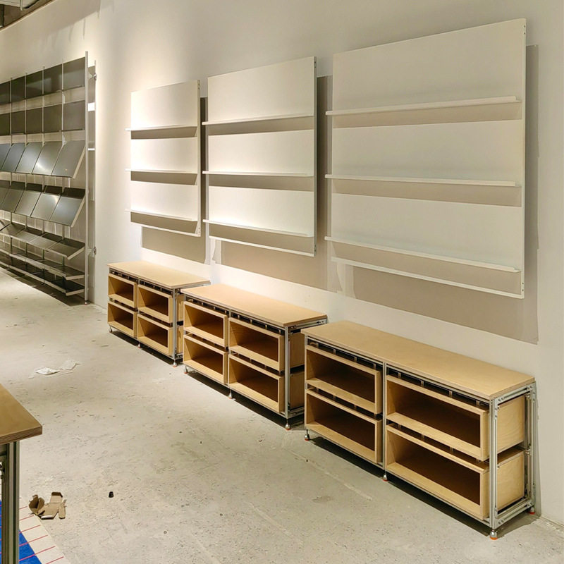 多功能储物置物店铺陈列架展示架铝型材桦木海洋板收纳柜金属搁板