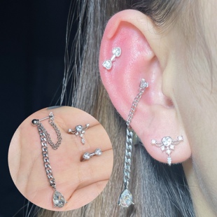 韩国水钻ins耳骨钉链耳蜗超闪锆石y2k爱心锆石巴洛克甜酷螺丝拧球
