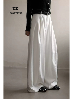 白色天丝弯刀休闲裤女秋季2025新款高腰韩系垂感休闲直通阔腿裤子