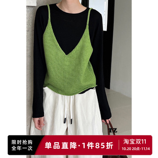 系带外搭背心上衣 新款 实拍现货 前后两穿韩系羊毛针织马甲女秋季