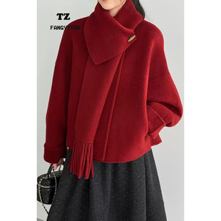 高级感红色双面羊绒大衣女短款围巾款冬季毛呢外套小个子新年外套