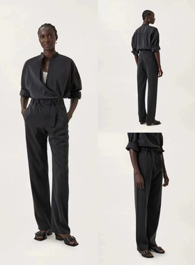 高阶限定勒梅尔dry silk带褶腰间系带无侧缝直筒西装裤
