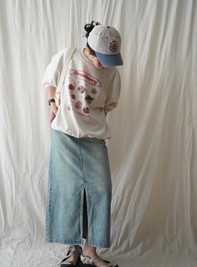 轻松时髦复古A字前开衩水洗牛仔半身裙高腰显瘦中长裙