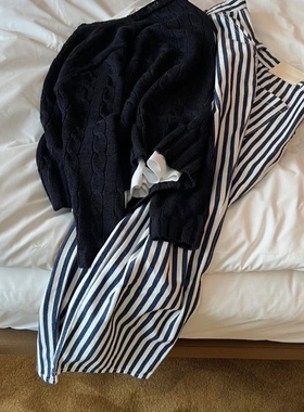 自在条纹韩 Moond*l早秋新款复古感宽松阔腿直筒宽条纹休闲长裤女