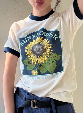 自在舒适东大门vi新款向日葵印花撞色休闲短袖T恤