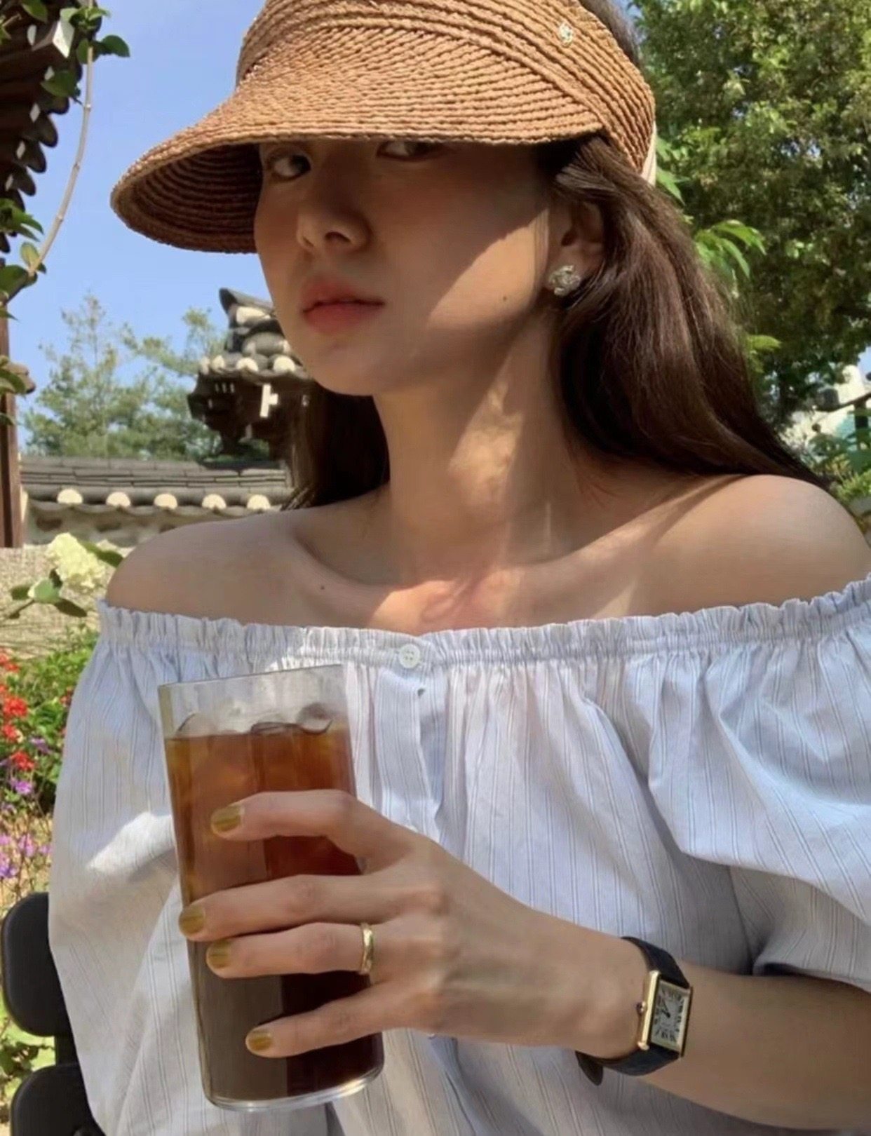 夏天再见韩h*wus清新竖条纹纯棉松紧露肩休闲衬衫连衣裙