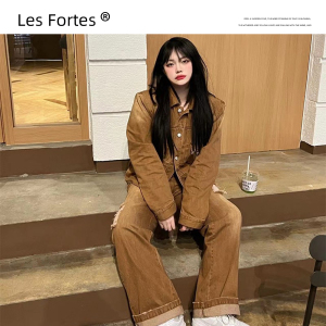 Les Fortes/22SS 潮牌美式水洗破坏牛仔外套男女复古长裤时尚套装