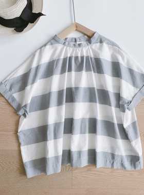 衬衫 日系轻文艺圆领宽松条纹轻薄棉麻宽松百搭小众短袖上衣99068