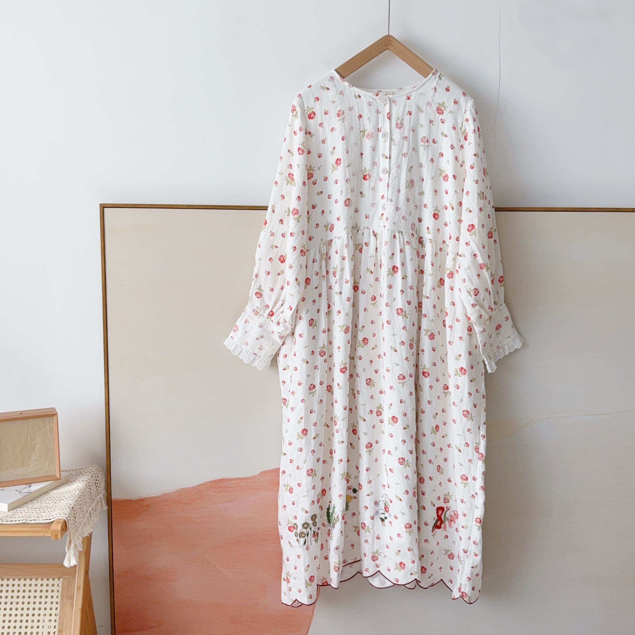 连衣裙 熊姑娘森日系圆领甜美印花朵拼花边刺绣加绒裙子06592006