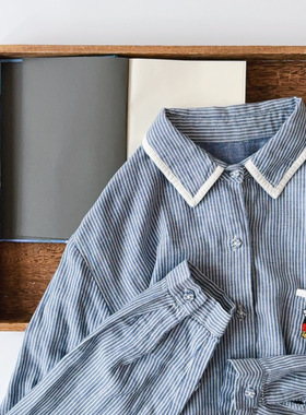 衬衫 日系翻领条纹刺绣卡通米老鼠宽松百搭长袖柔软小众上衣61397