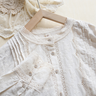 衬衫 棉布长袖 女5249 日系风琴褶拼花边绣花宽松款 麻豆2024春秋新