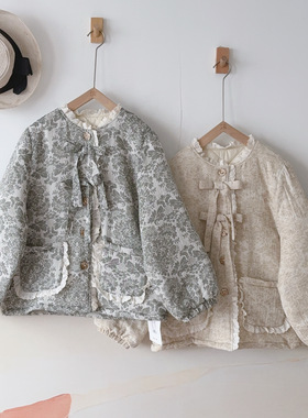 棉服日系圆领提花拼花边蝴蝶结宽松百搭长袖柔软小众外套JYZ39673