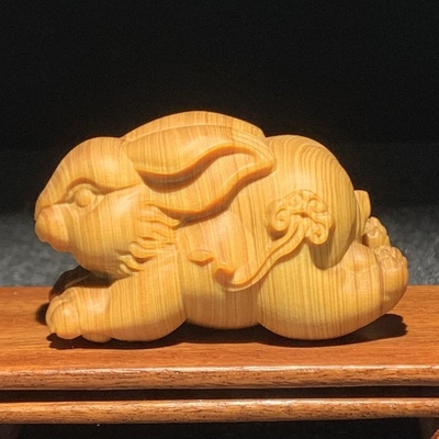 天然崖柏木雕小兔子手把件生肖灵芝奔跑兔摆件家居装饰品工艺礼品