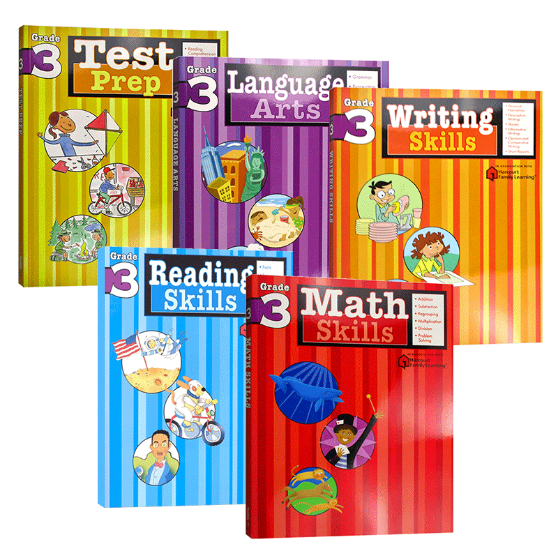 进口原版 Flash Kids 美国小学三年级英语练习册5册英文原版Reading Writing Skills 家庭英文学习教辅教材 Harcourt Family Le