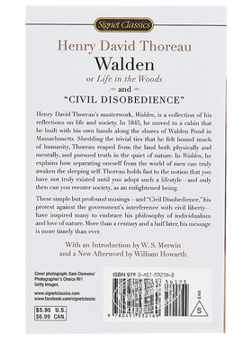 进口原版 *瓦尔登湖 英文原版 Signet Classics: Walden and Civil Disobedience   Signet