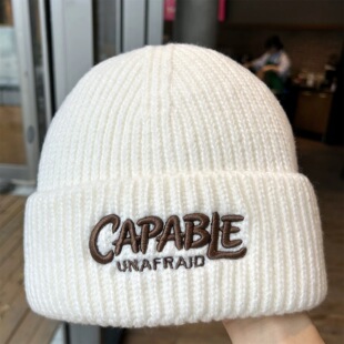 刺绣字母百搭显脸小保暖毛线帽 2025新款 美式 大头围针织帽子女冬季