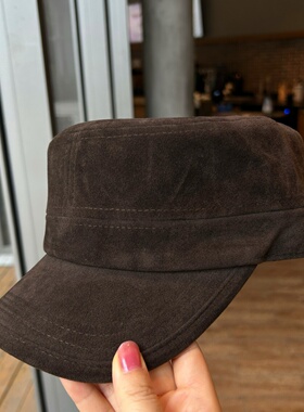 新款显高颅顶平顶帽男女款古早味韩女感麂皮绒酷感挺阔马术帽